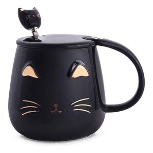 Black Cute 🐈‍⬛ Cat Ceramic Coffee Mug Stainless Steel Spoon Novelty Cat Lovers